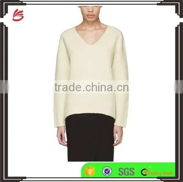 Custom Made Long Sleeve Wool Blend Boucle Pullover Sweater in Off White for Women