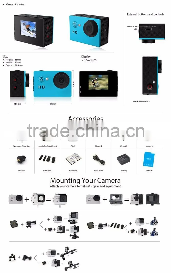 2016Popular helmet sport action camera waterproof HD 720P 1.5inch LCD