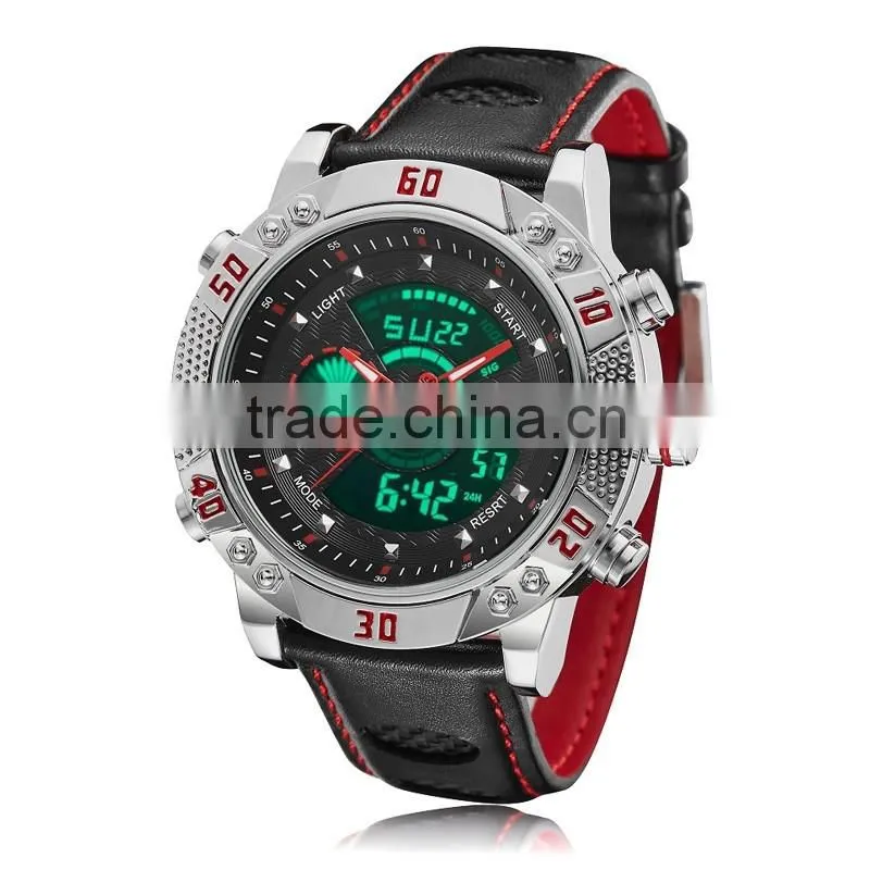 WJ-5446 genuine leather strap IP plating high quality double show Ohsen waterproof men sport watch