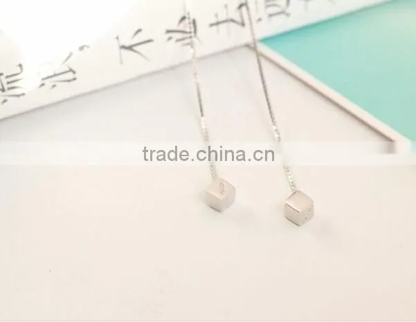 925 Sterling Silver Square Cube Zirconia Thread Line Threader Earrings