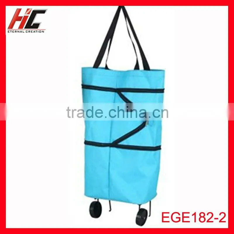 Blue fashion shopping trolley bag with zipper foldable