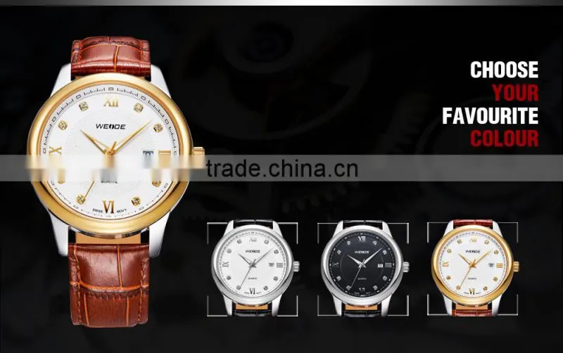 Luxury Brand Gold Military Genuine Leather Rhinestone Quartz Man Watch WEIDE 93008R