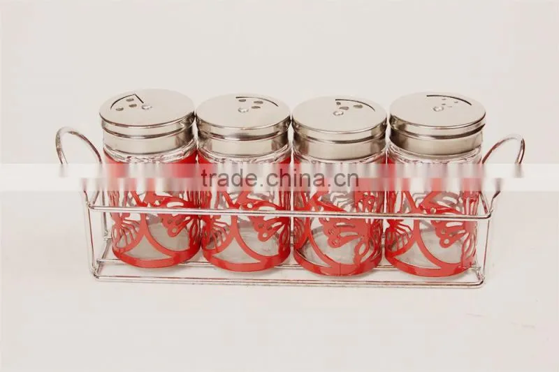 S/4 red metal cover glass spice jar set