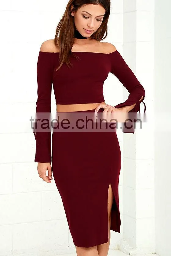 2017 Two piece set women clothing off the shoulder long sleeves top and slim skirt