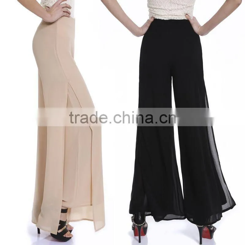 2016 summer women casual split chiffon pants ladies baggy pants loose high waist wide leg trousers