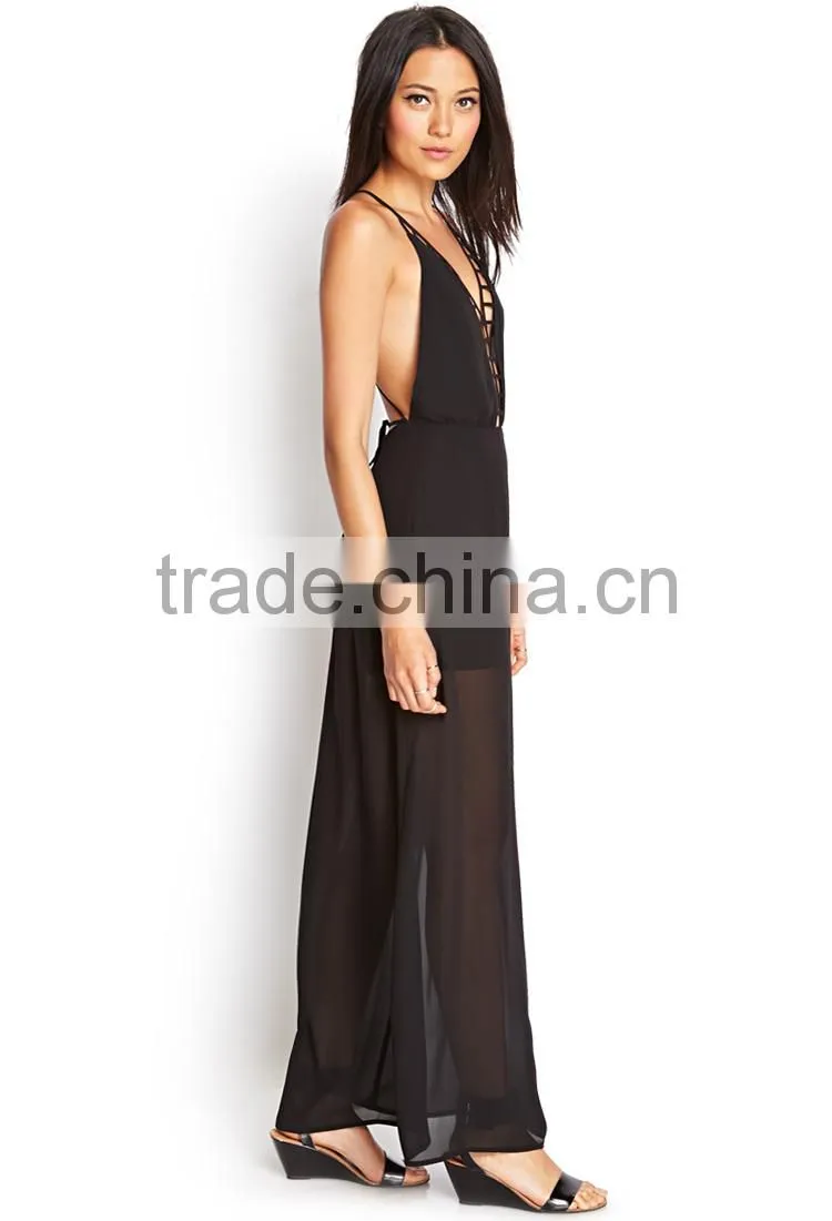 hot selling women spaghetti strap chiffon evening dress plain black chiffon evening dress backless chiffon evening dress