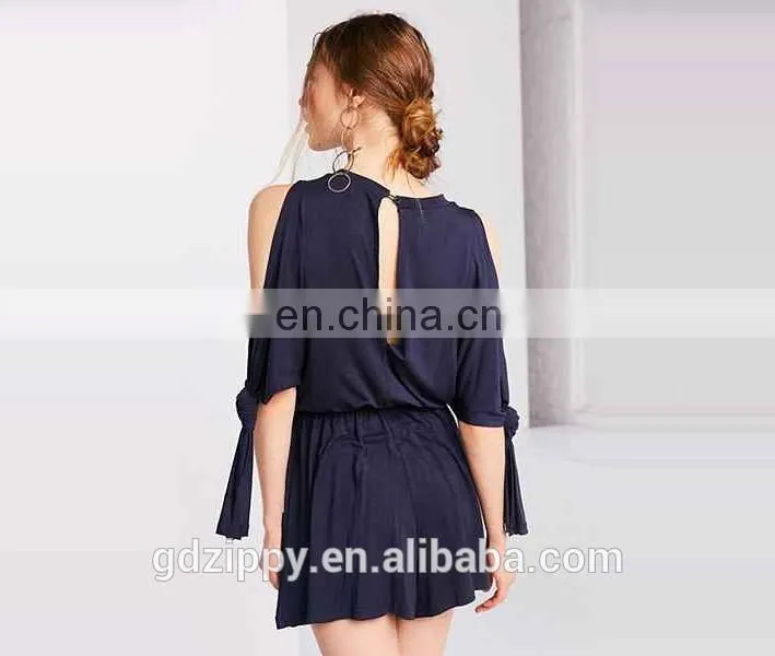 2017 latest fashion navy color cold shoulder blouson women casual jumpsuit