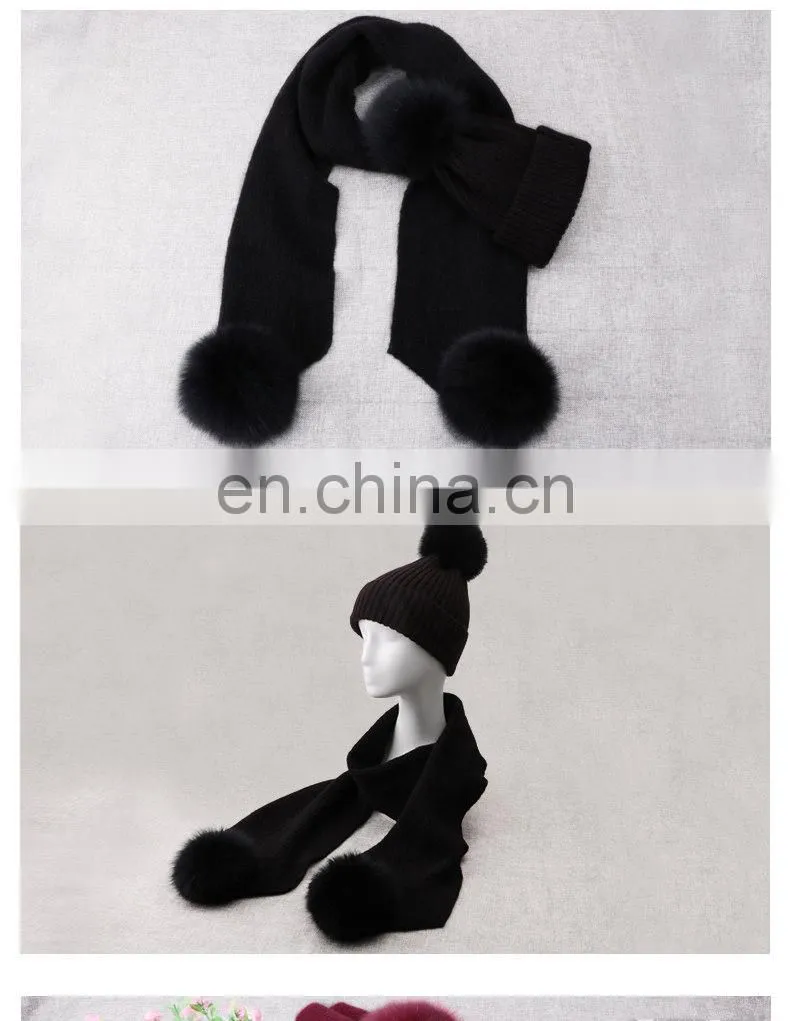 Winter Wool Knitted Beanies Scarf Fox Fur Pompom Knitted Hat Wool