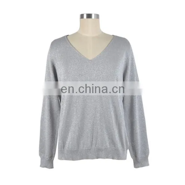 2016 Comfortable V-Neck Casual Cotton Soft Knit Womens Sweaters Mix Metal Yarn Ladies Garment