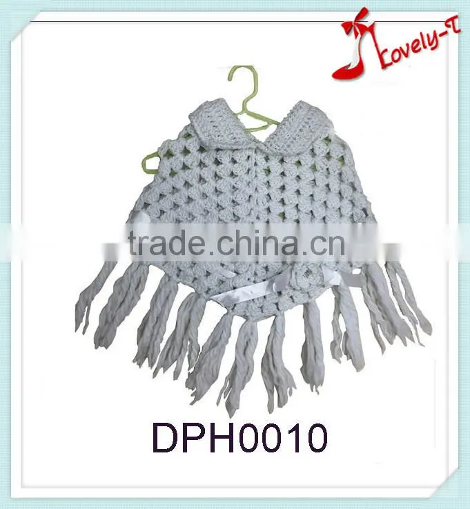 Hot sale lovely pullover crochet knit girls poncho sweater with shirt collar and tassels