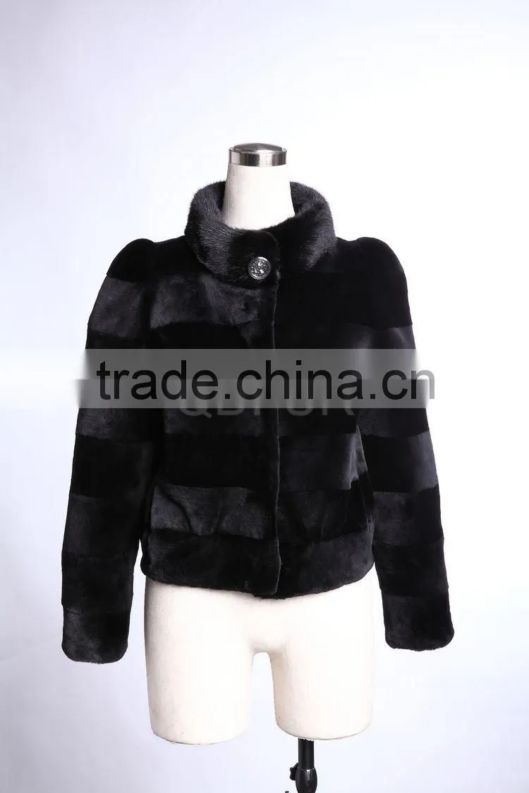 QD29226 Outerwear Wholesale/retail Short Style Real Piece Rex Rabbit Fur Women Jacket with Mink Fur Collar
