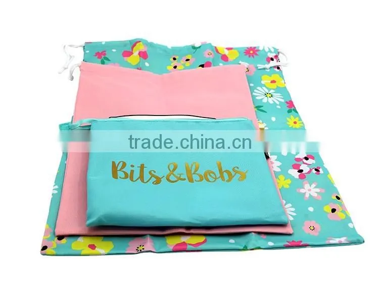Customized printing polyester packaging travel drawstring bag travel bag set with 3 sizes
