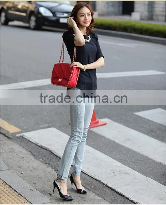jeans femme 2016 Autumn fashion women jeans Rhinestone Slim Ripped Feet pencil skinny jeans women trousers