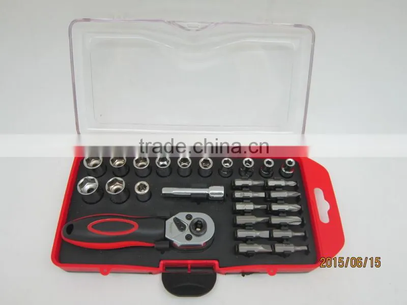 37pcs hand tool set with ratched handle ,screwdriver bits and sockets tool box made in china