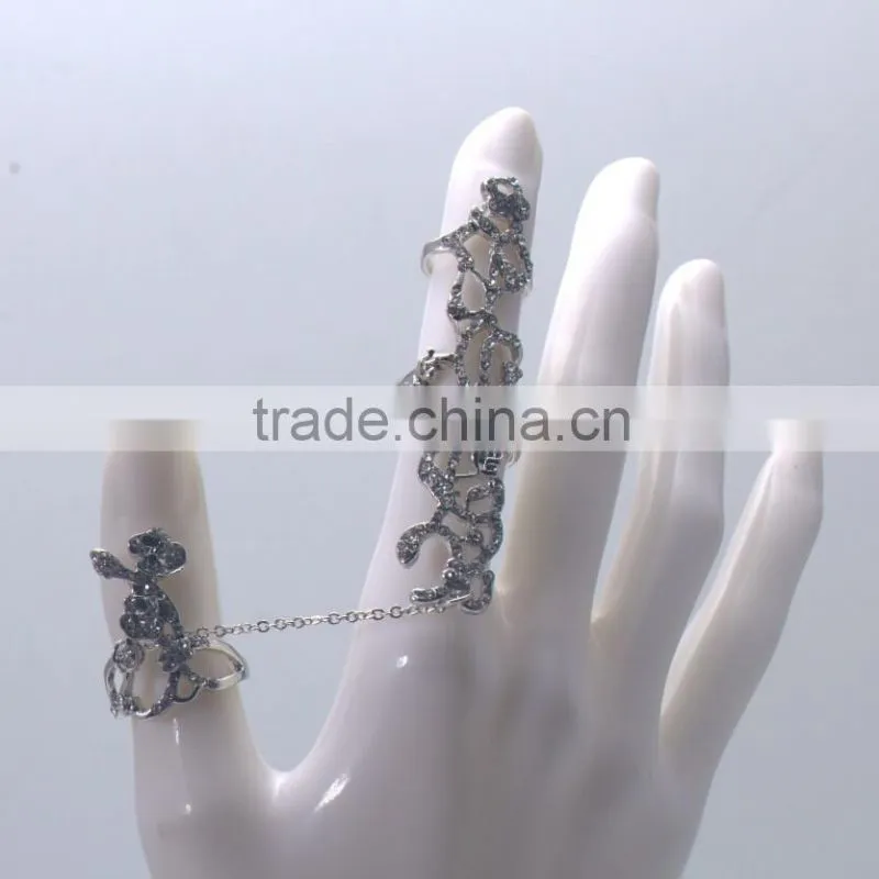 Cheapest hot sale two finger rings rhinestone stainless steel silver rings