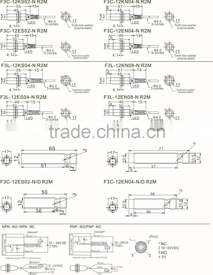 F3C Series M12 Inductive Sensors, Cylinder Shape Inductance Sensor, PNP/NPN, Flush/Non-flush