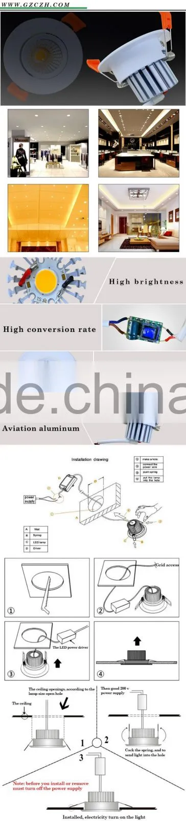 LED Celing down lights 3w 3000K 4000K 6000K AC90-264V