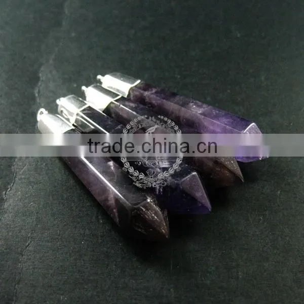 55x12mm faceted pillar amethyst stick stone pendant charm silver bail DIY jewelry findings supplies 1800136