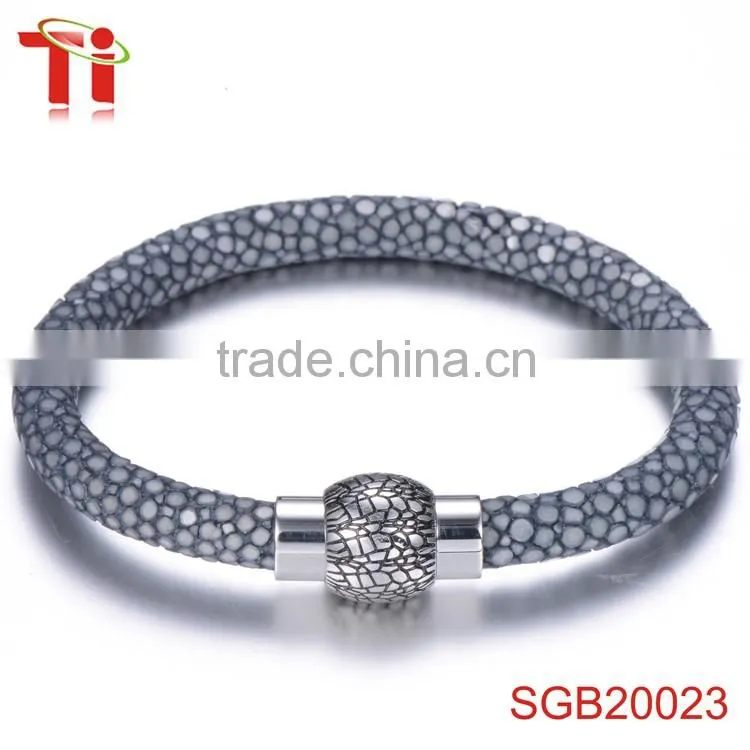 bio magnetic bracelet unisex genuine grey stingray cord leather bracelet bangle stainless steel charm jewelry 2017 for men women