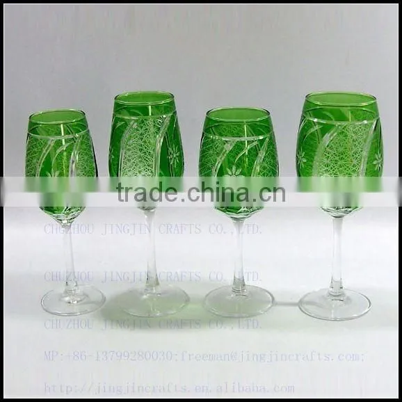 2017 China traditional made overlay etched pink wine glass