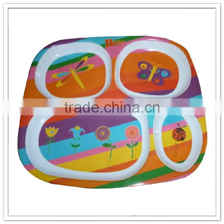Attractive butterfly& bees & flower printed 4 compartments child safety kids lunch plate
