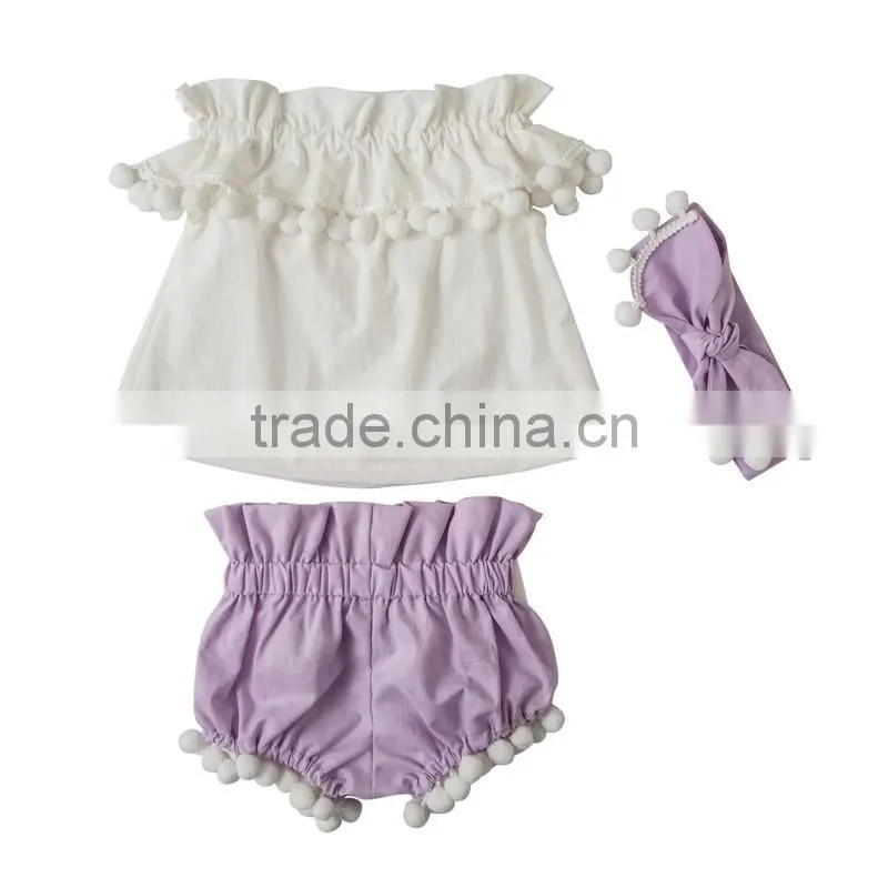 New arrival baby girl open shoulder top shorts outfits,pompom top set