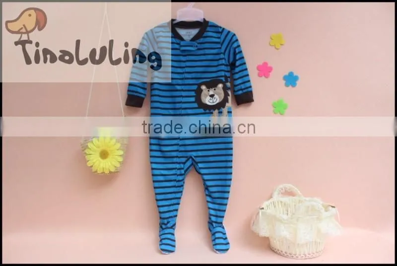 100% cotton baby striped lion aniaml printed footed pajamas, boys pajamas with feet wholesale