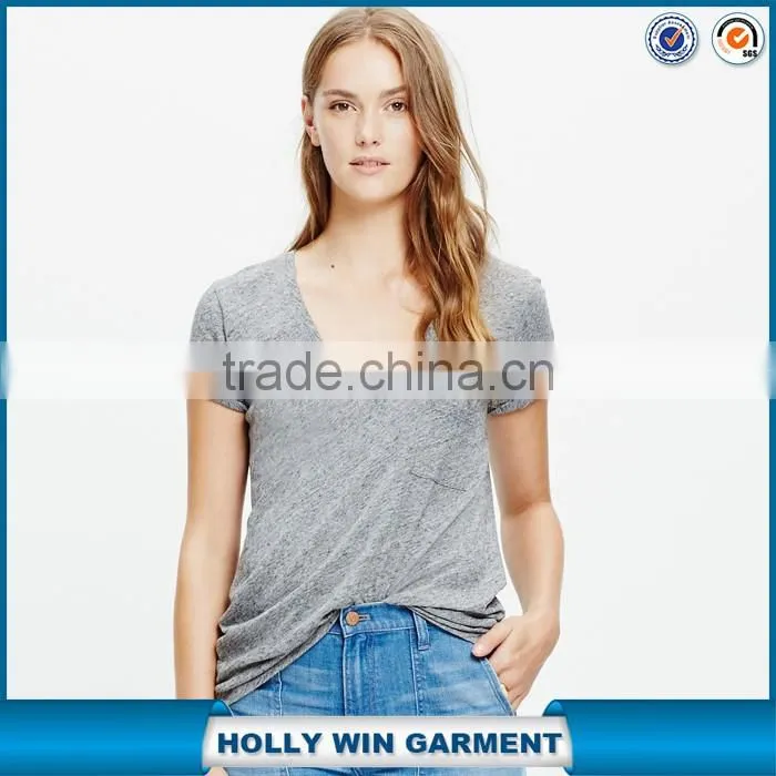 Slub v-neck ladies t shirt with pocket