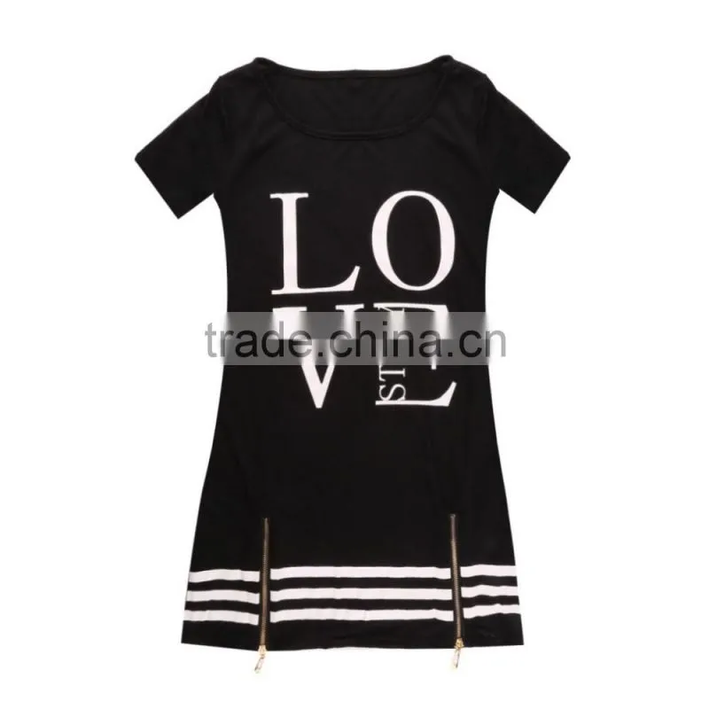 1PCS M-XL Women Love Letter Print O Neck Short Sleeve Zipper Long above Knee Straight Dress Summer Casual Dress Tops Blouse