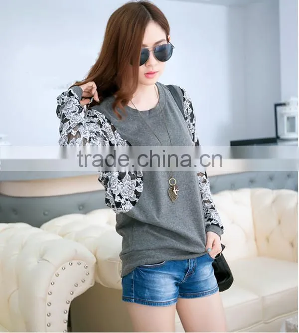 Korean style slim round neck long batwing sleeve women lace stitching plus size blank t-shirt