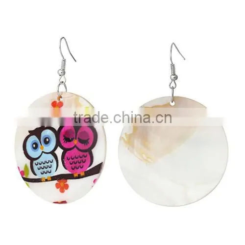 Silver Tone Hook Round Blue & Fuchsia Halloween Owl Pattern Fashion Shell Dangle Earrings 6.5cmx4.5cm