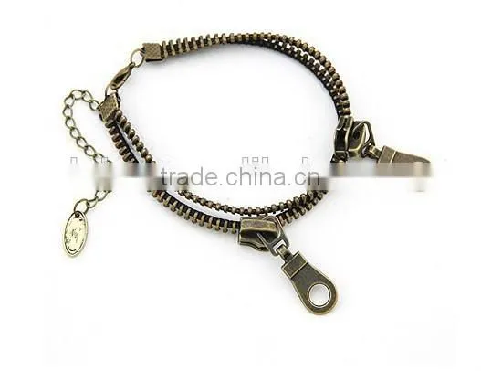 Fashion Jewelry Punk Retro Zipper Anklet Bracelet Double Chain Bangle Bronze for Girl Boys