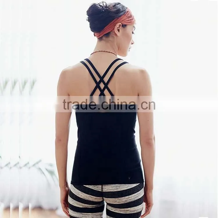 Women fitness sportswear yoga tops strap cross balck vest tight gym workout tops