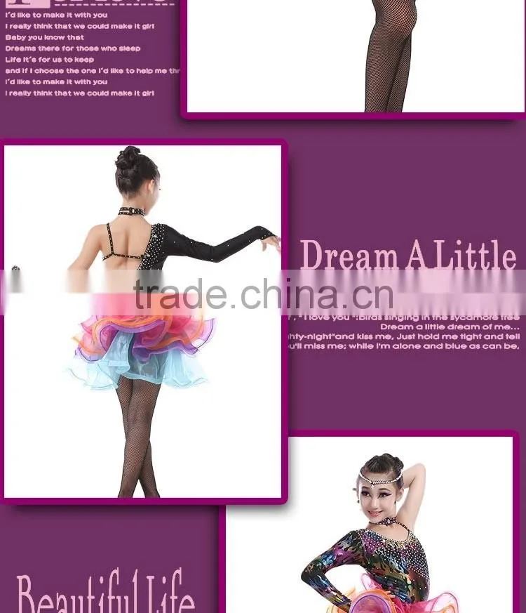 Girls Salsa Latin Performance Dresses Child Unequal Dance Dress Kids Fluorescent Rainbow Colored Ballroom Dresses