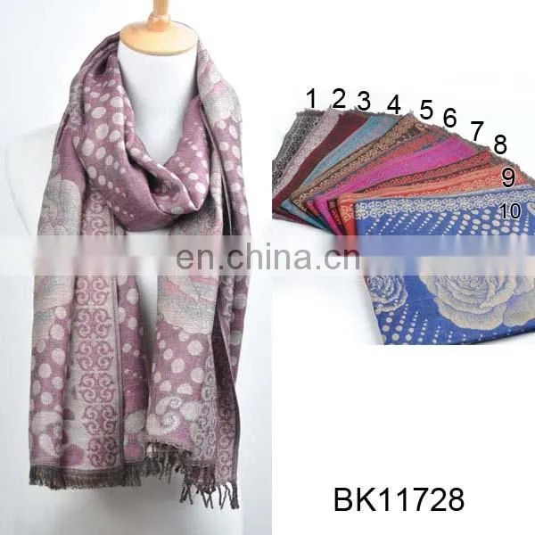 2016 Wholesale Winter Jacquard Pashmina Blue Scarf With Tufts Acrylic Shawl