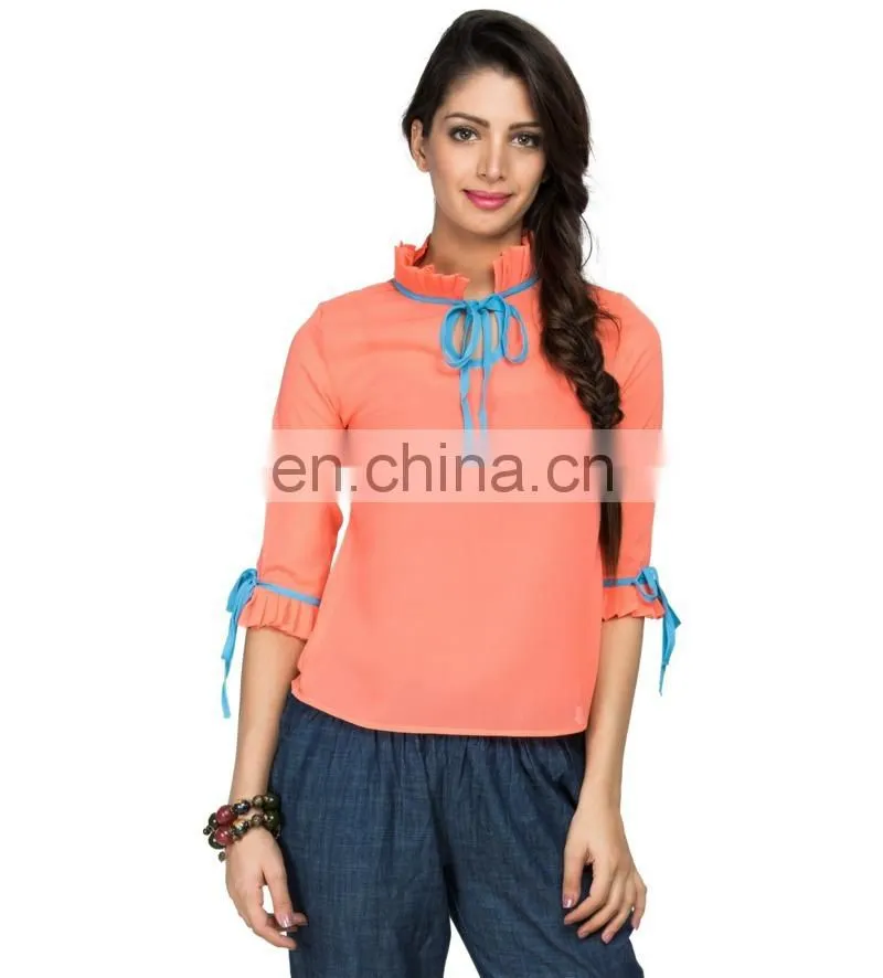 Pink Ruffle And Drawstring Top- Three Quarter Sleeves Three quarter sleeve top with tiered ruffle and lace trim for women