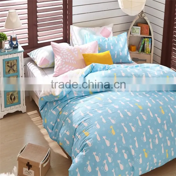 Blue cat print sheets animal pattern cotton kids quilt set 4 pcs queen size children bedding set