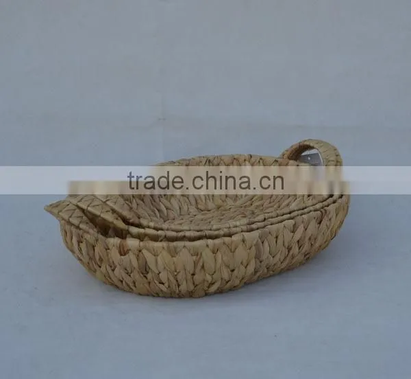 S/3 Oval Natural Handwoven Water Hyacinth Tray with Handles