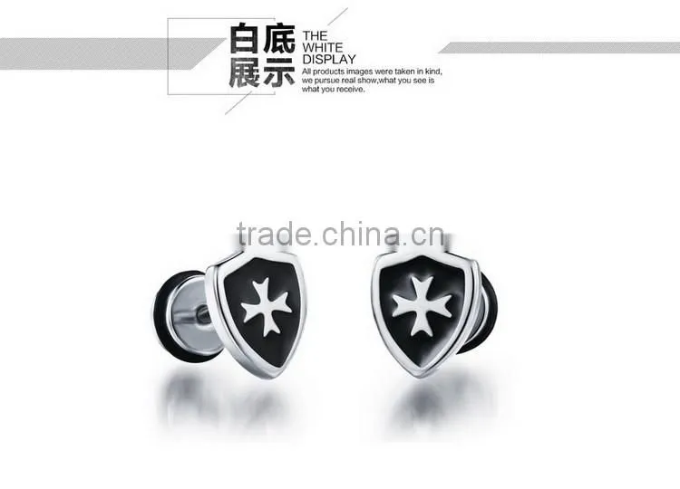 Men's titanium steel stud earrings golden shield cross mini earrings punk style design
