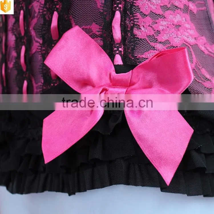 2016 fashion woman corset,pink sexy lace satin corset shaper