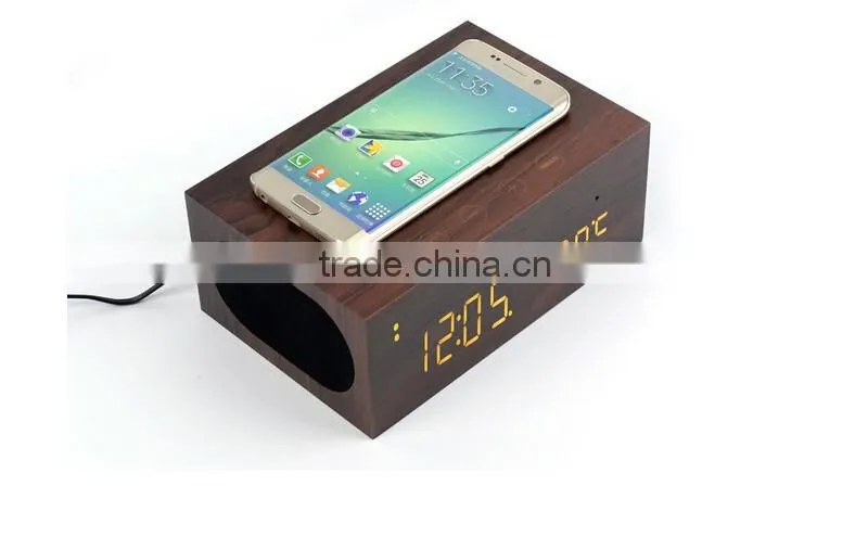 Wireless charger+Clock+Alarm+Thermometer,New style wood bluetooth speaker