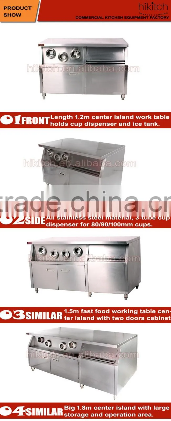 Restaurant kitchen 1.2 meters worktable centre island with 3 cup dispensers