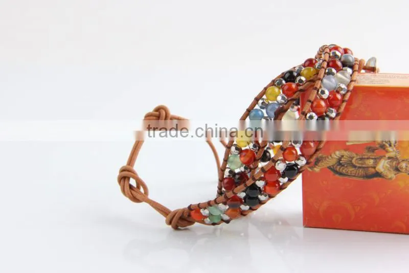 Pure manual discus agate bracelet around two laps leather bracelet Grey leather bracelet