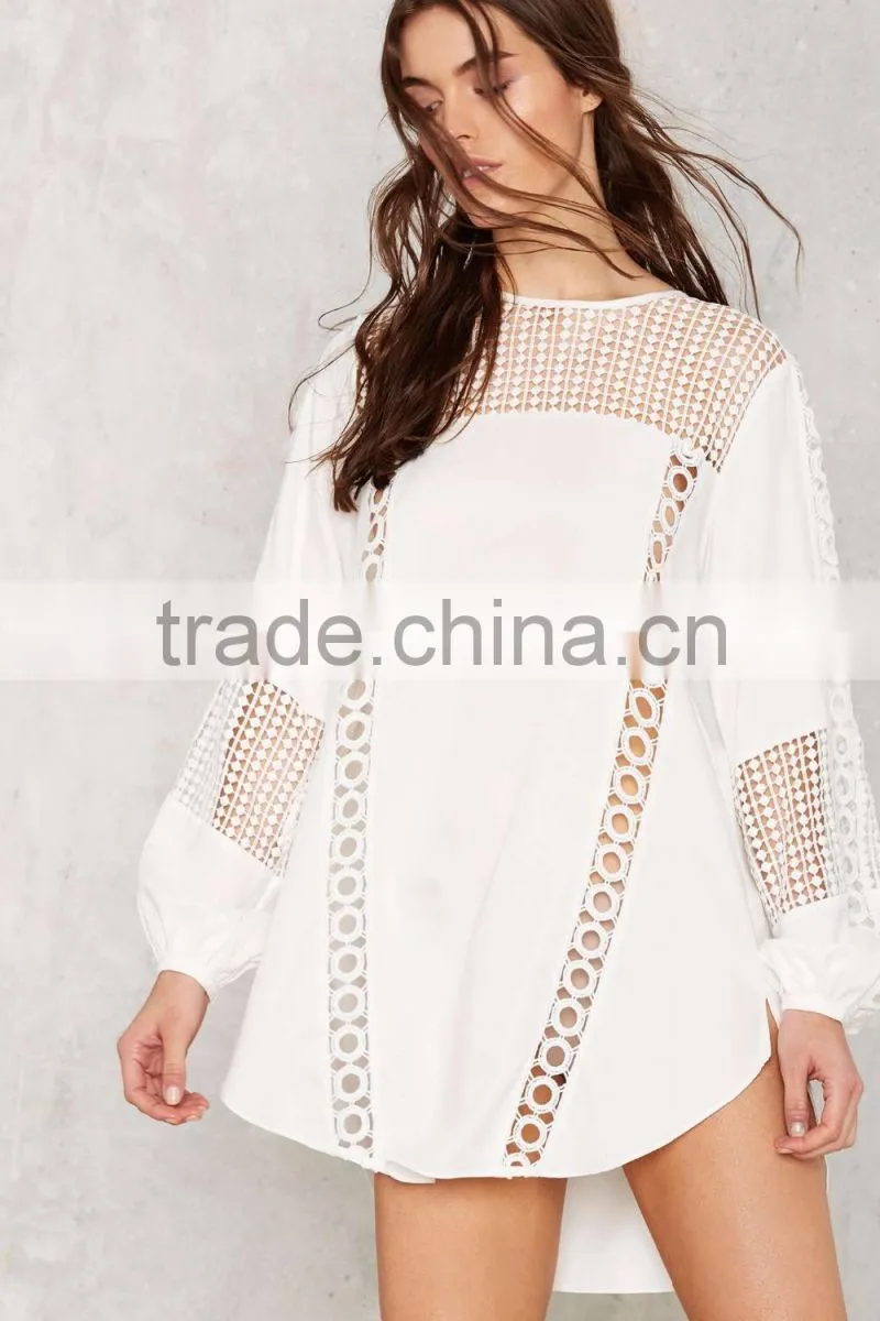 2016 Latest Design Long Sleeves Ladies Crochet Trim White Tunic Dress