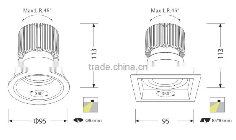 Square adjustable 6w 9w 13wled spotlight with aluminum heat sink
