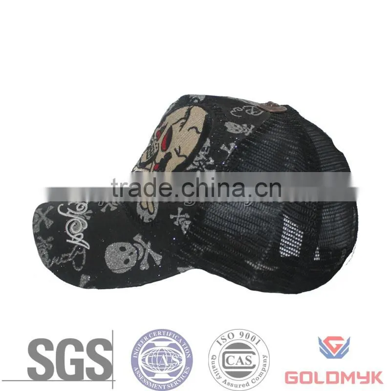 Skull Mesh Cap with silver thread embroidery ,Skull Trucker Hat and Cap