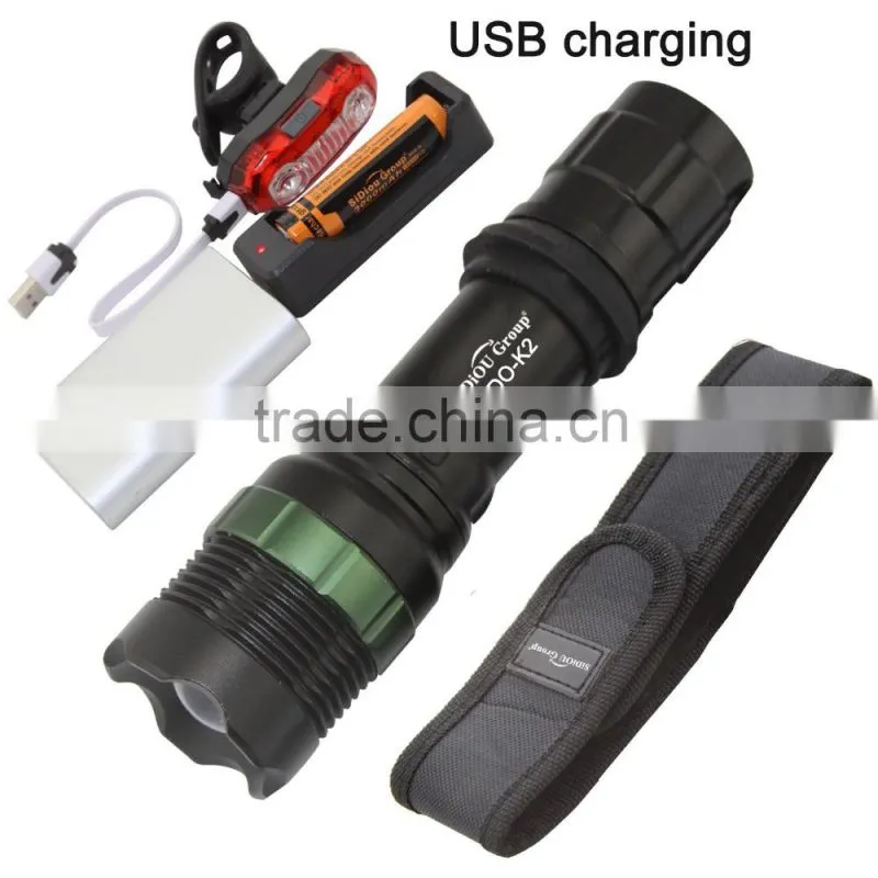 Sidiou Group Super Bright T6 LED Flashlight torch 900 Lumens 7W Zoomable Torch Set With USB Rechargeable Bicycle Taillight