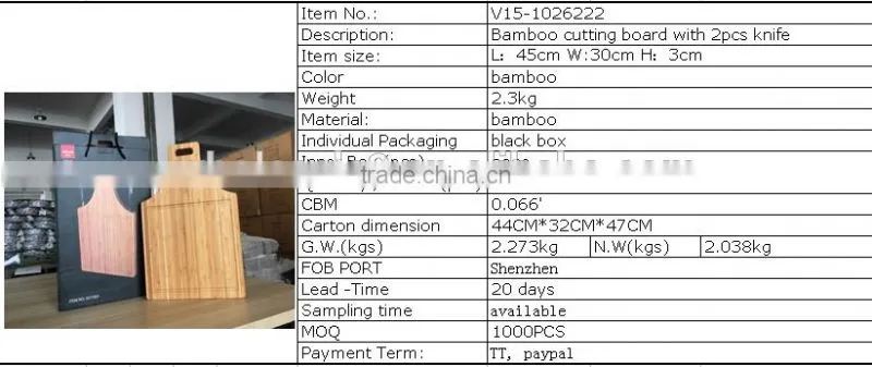 Bamboo Cutting Board chopping board with 2pcs Knife set