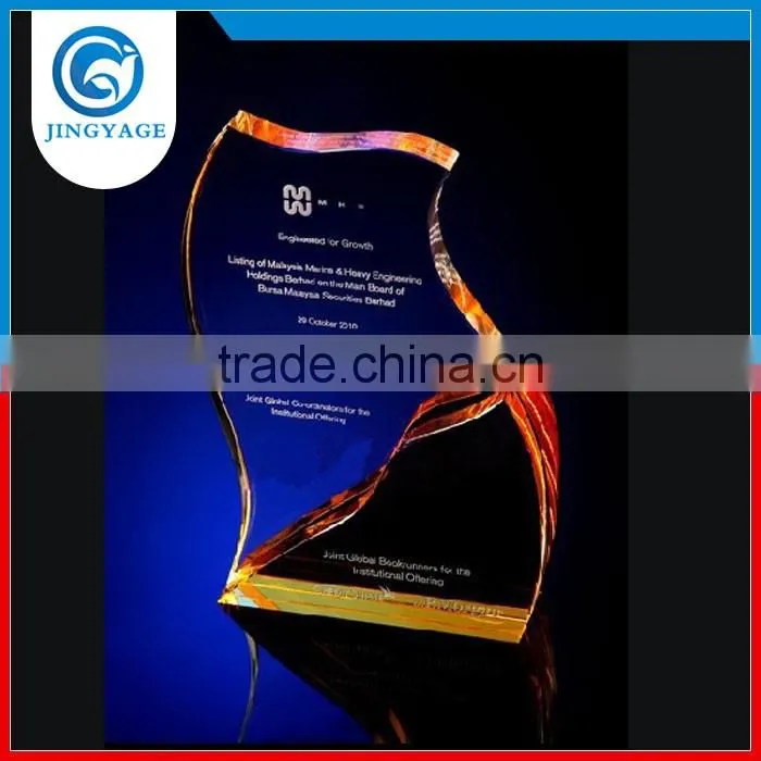 Jingyage Personalized Yellow Color Crystal Award Plaques Crystal Trophy Gifts For Yearly Winners