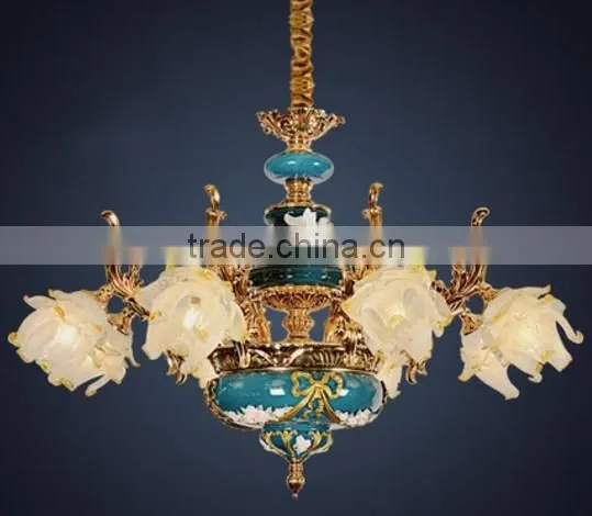 Luxurious Vintage Victorian Style Royal Imperial Blue Porcelain and Crystal Golden Brass Pendant Lamp, Chandelier BF12-05254g